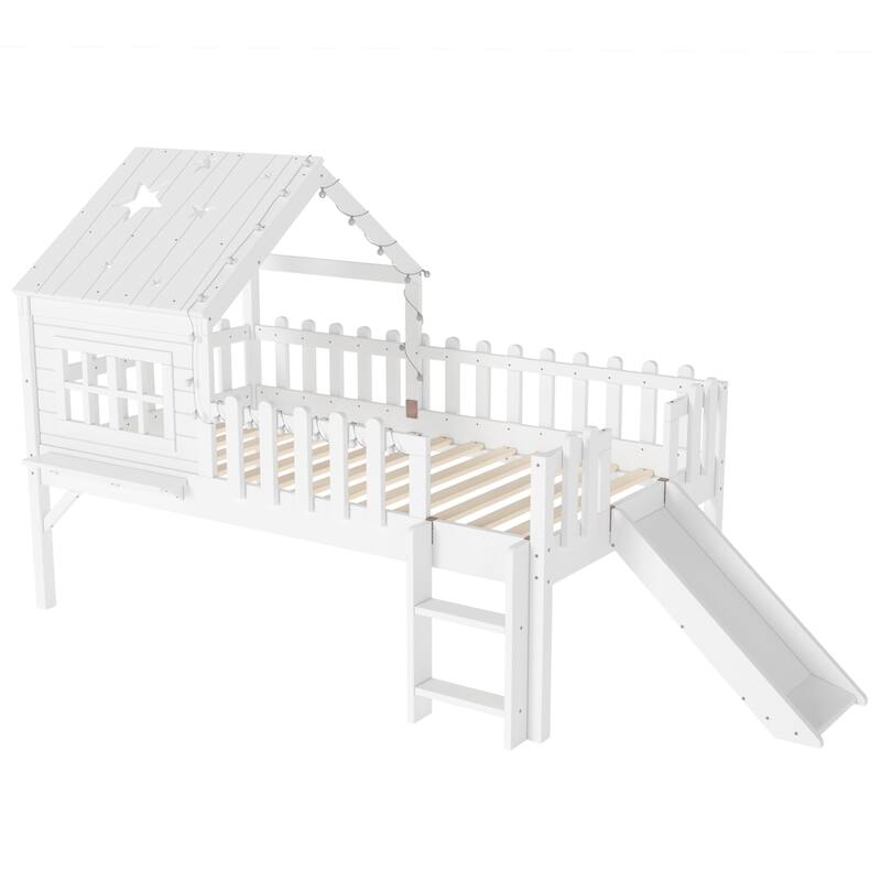 House Loft Bed with Slide and LED Lights, Kids Playhouse Bed with Star & Moon Cutout Roof and Window, Low Loft Bed
