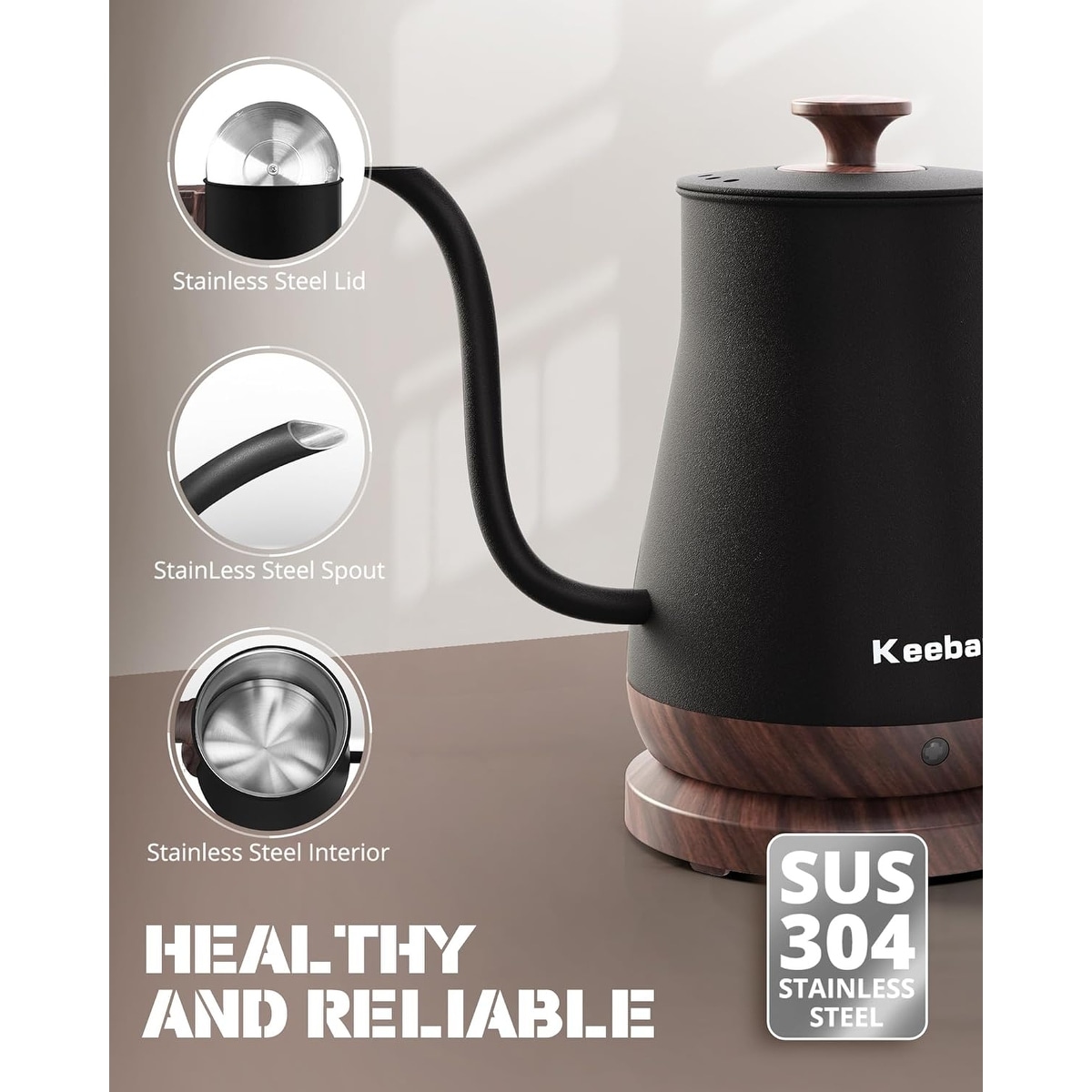  Keebar Electric Kettle, 100% Stainless Steel Tea Kettle,  Electric Gooseneck Kettle with Auto Shut Off, Pour Over Kettle for Coffee &  Tea, 0.8L,1000W,White: Home & Kitchen