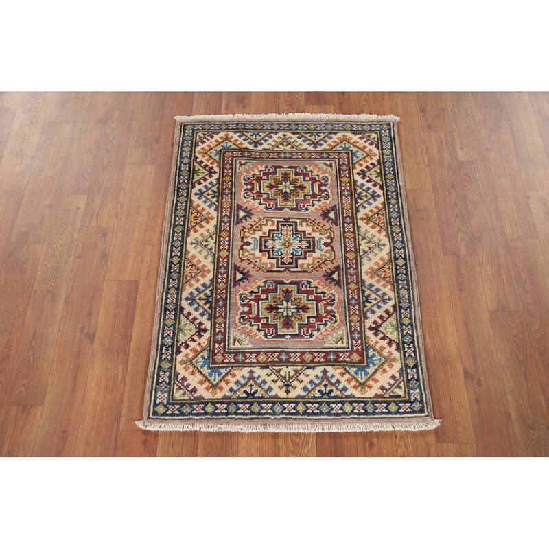 Geometric Kazak Oriental Accent Rug Hand-Knotted Brown Wool Carpet - 2'1" x 2'10"