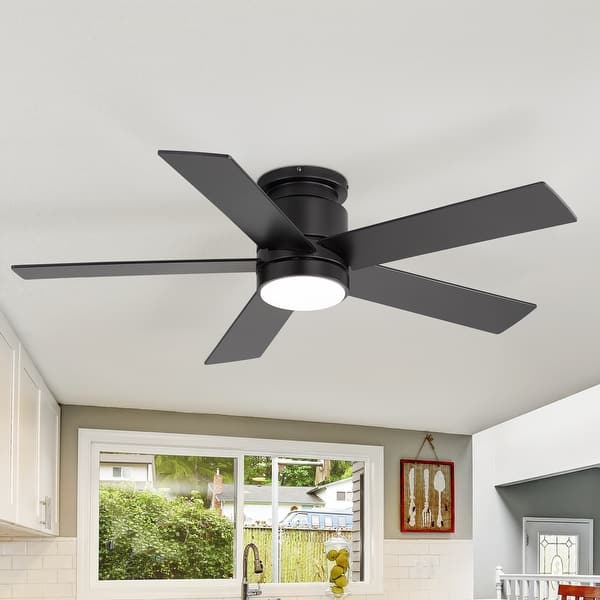 slide 2 of 38, 42"/52" Modern Black Flush Mount Ceiling Fan with LED Light and Remote Matte Black-42"