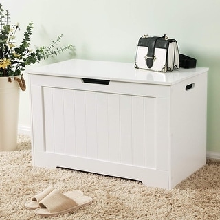 29.9”L White Lift Top Entryway Storage Chest/Bench with 2 Safety Hinge, Wooden Toy Box