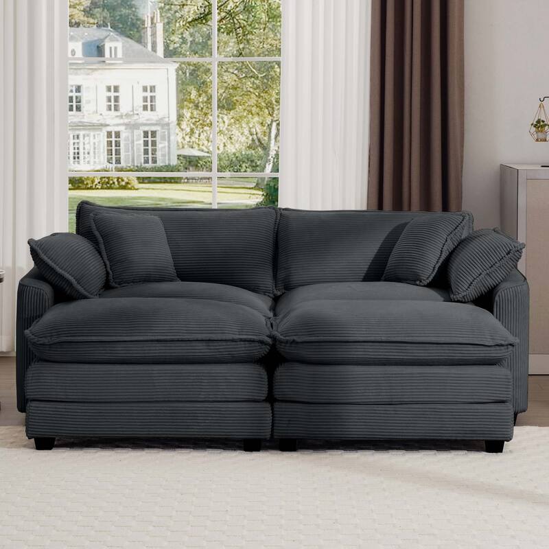 Grey Corduroy Modular Sleeper Sofa with 2 Ottomans, 4 Pillows