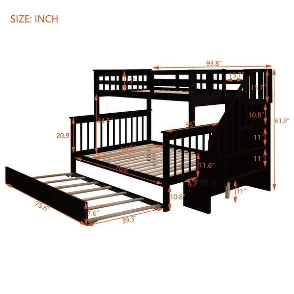 dimension image slide 1 of 3, Twin-over-Full Bunk Bed with Twin size Trundle, Storage and Guard Rail for Bedroom, Dorm, for Adults