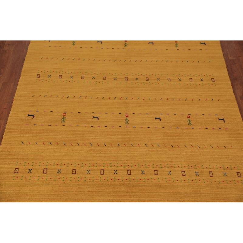 Tribal Gold Gabbeh Oriental Area Rug Hand-Knotted Wool Carpet - 5'5" x 7'7"