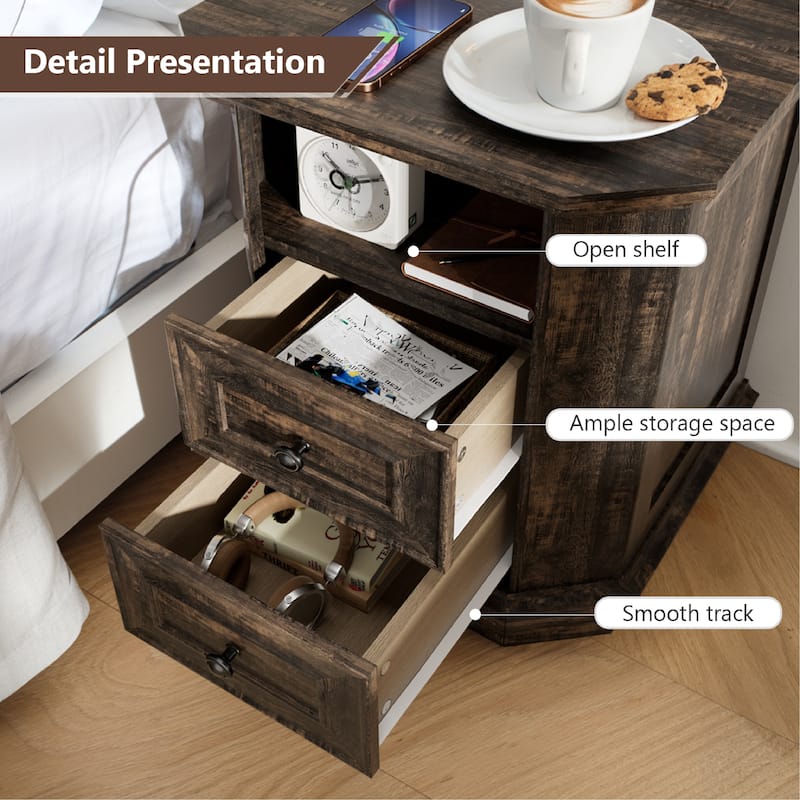 Farmhouse Nightstand with Charging Station and Versatile Storage