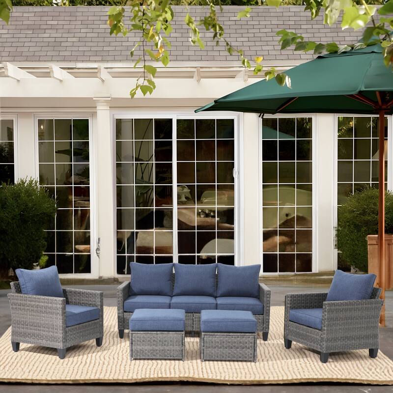 Outdoor 5-piece Sectional Wicker Sofa Set with Cushion - Navy