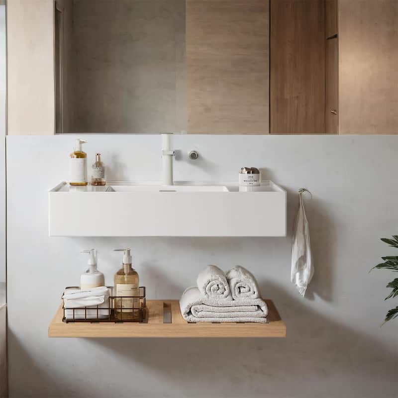 LED Bathroom Wall-Mounted Floating Vanity with Vessel Sink (No Faucet) - 35.43"W