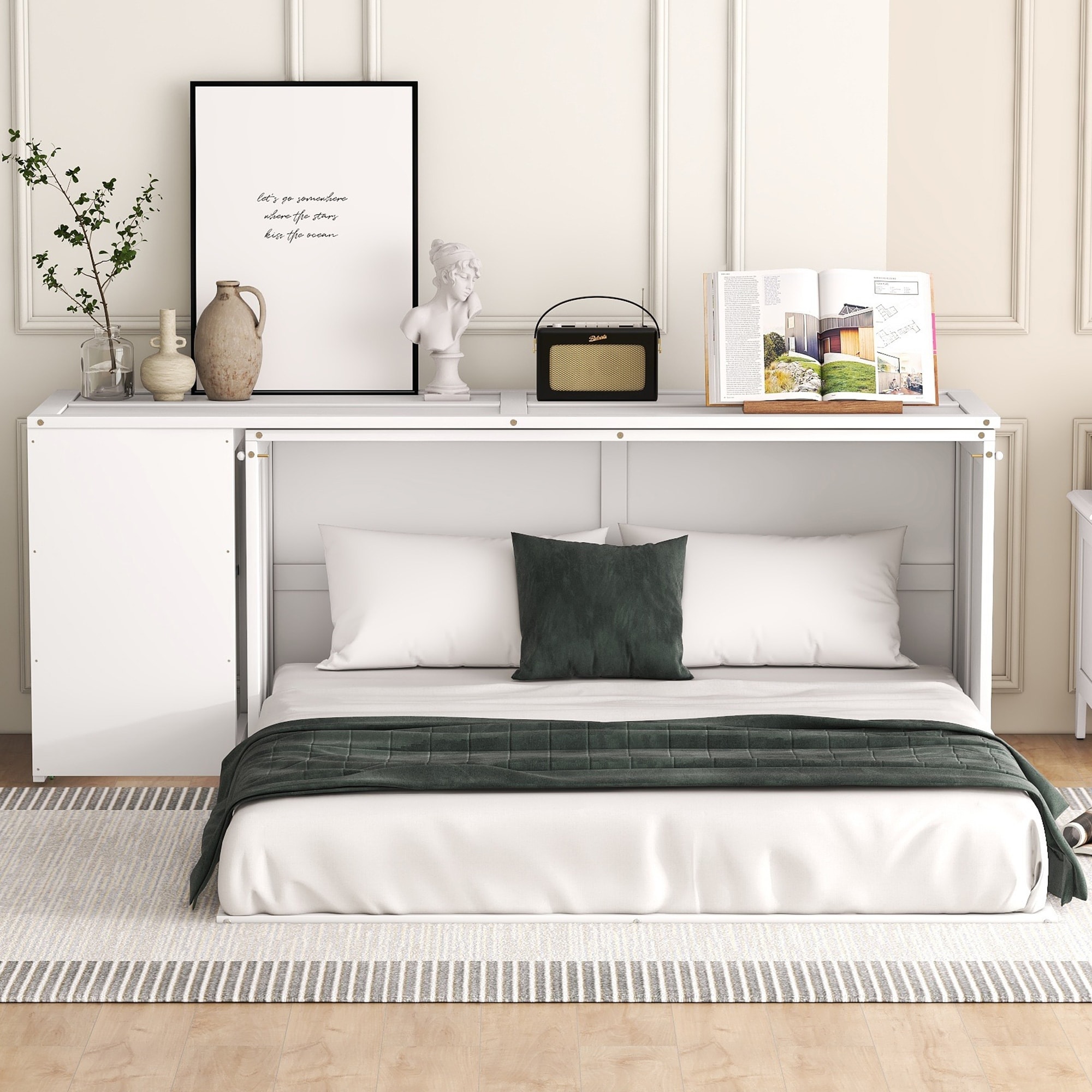 Queen Size Murphy Bed with Rotable Desk 2 Storage Shelves Space