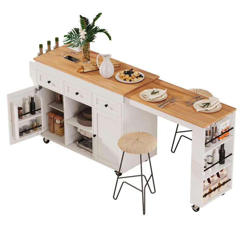 Kitchen Island with Extendable Dining Table & Power Outlet, Rolling Kitchen Island with 3 Side Open Shelves, 3 Drawers & 2 Doors