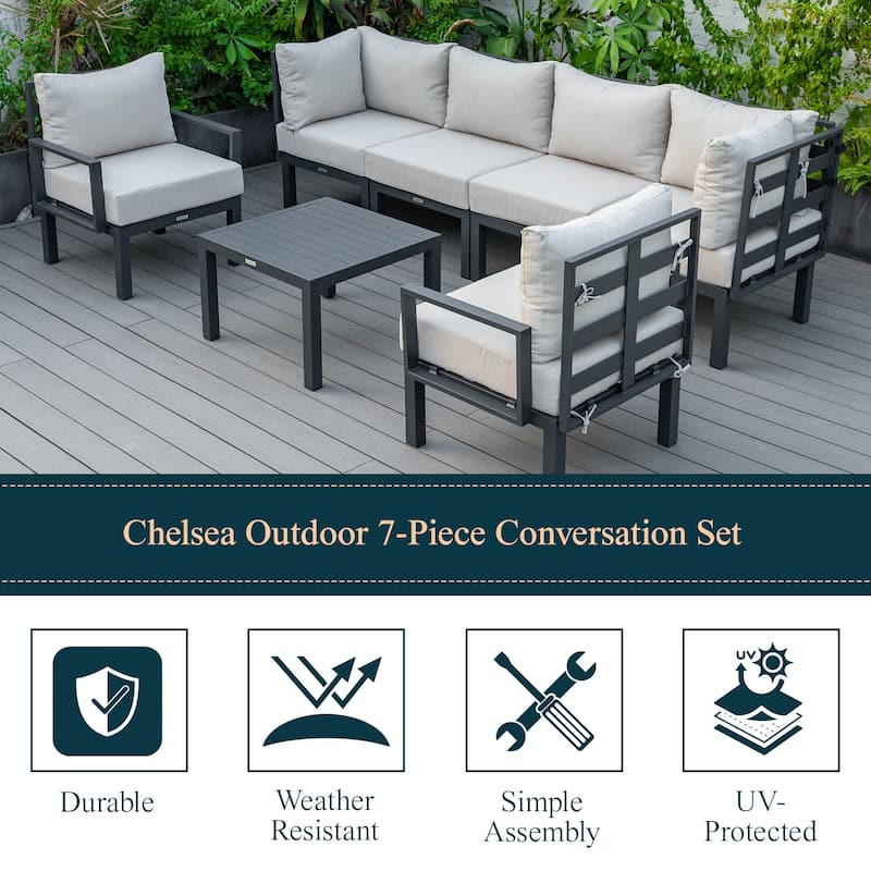 Chelsea Sofa Set 7-piece Modern Powder-Coated Aluminum Metal Frame Outdoor Sectional Patio Seating with Washable Cushions