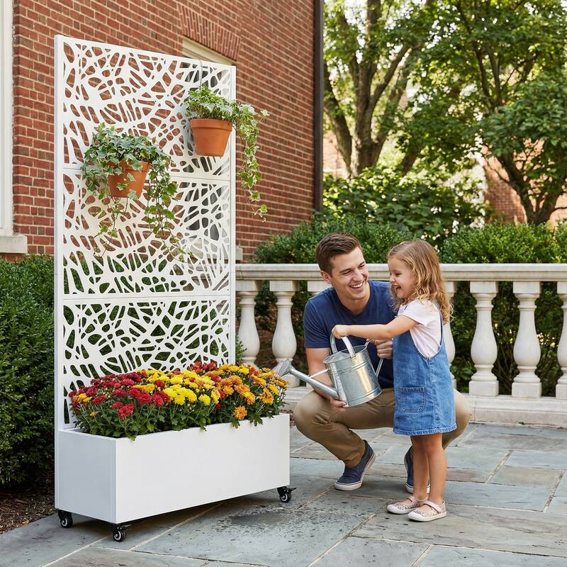 Metal Galvanized Planter Box with Trellis Privacy Screen Lockable Wheels