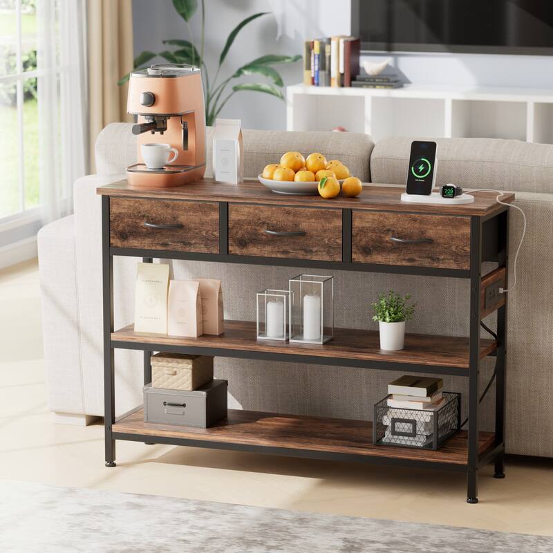 43.3" Console Table with 3 Fabric Drawers, Power Outlets & USB Ports