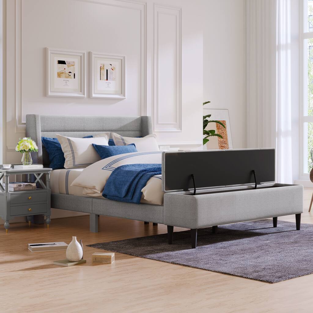 Gray Storage Bed Frame, Queen Upholstered Platform Bed with Wingback Headboard & Storage Ottoman Bench, No Box Spring Needed