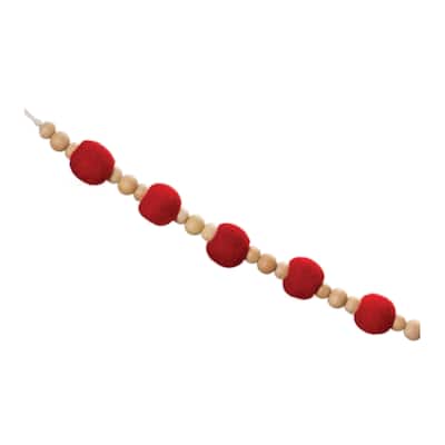 Fabric Ball String Garland (Set of 2) - Red, Beige