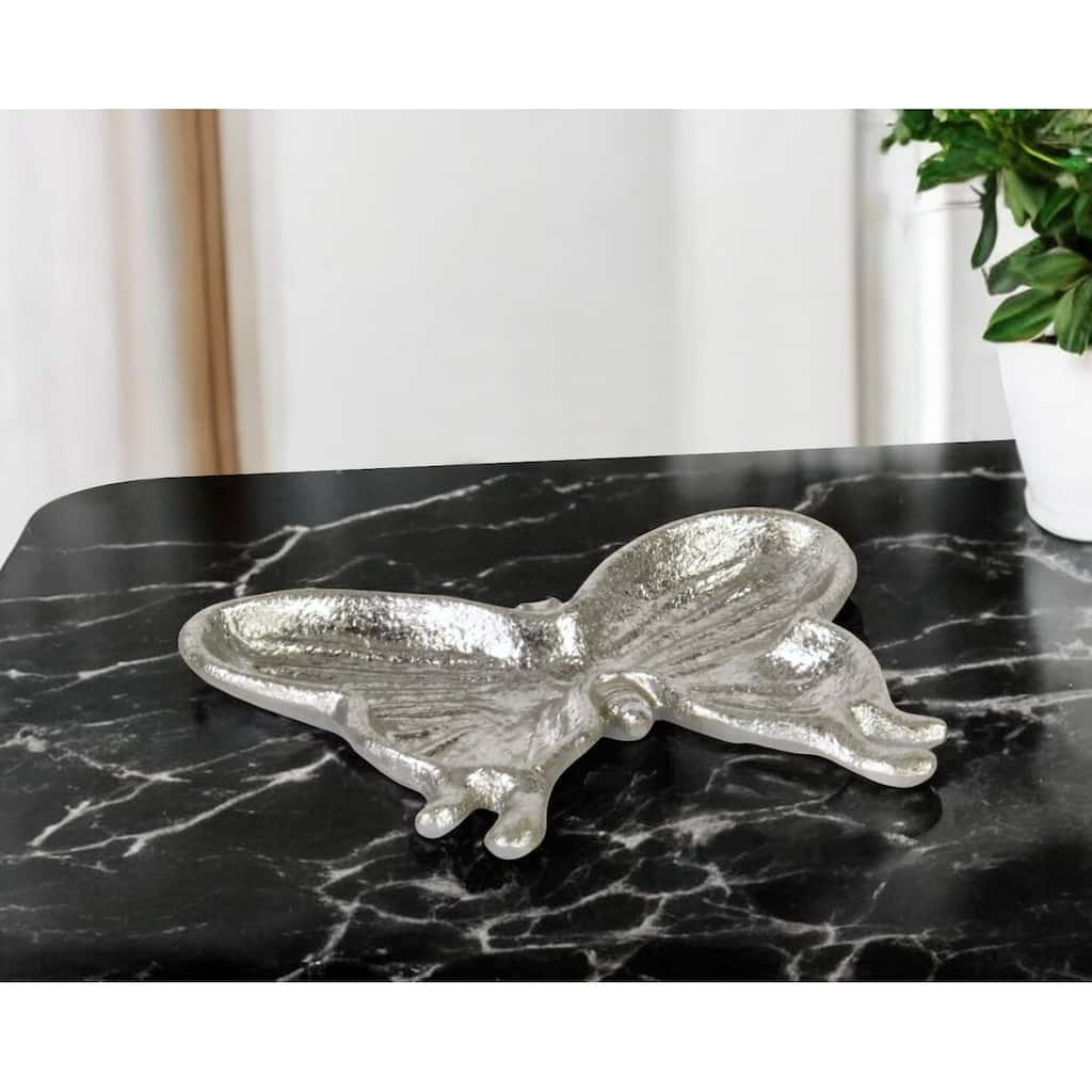 HomeRoots 6" Silver Cast Iron Butterfly Handmade Trinket Tray