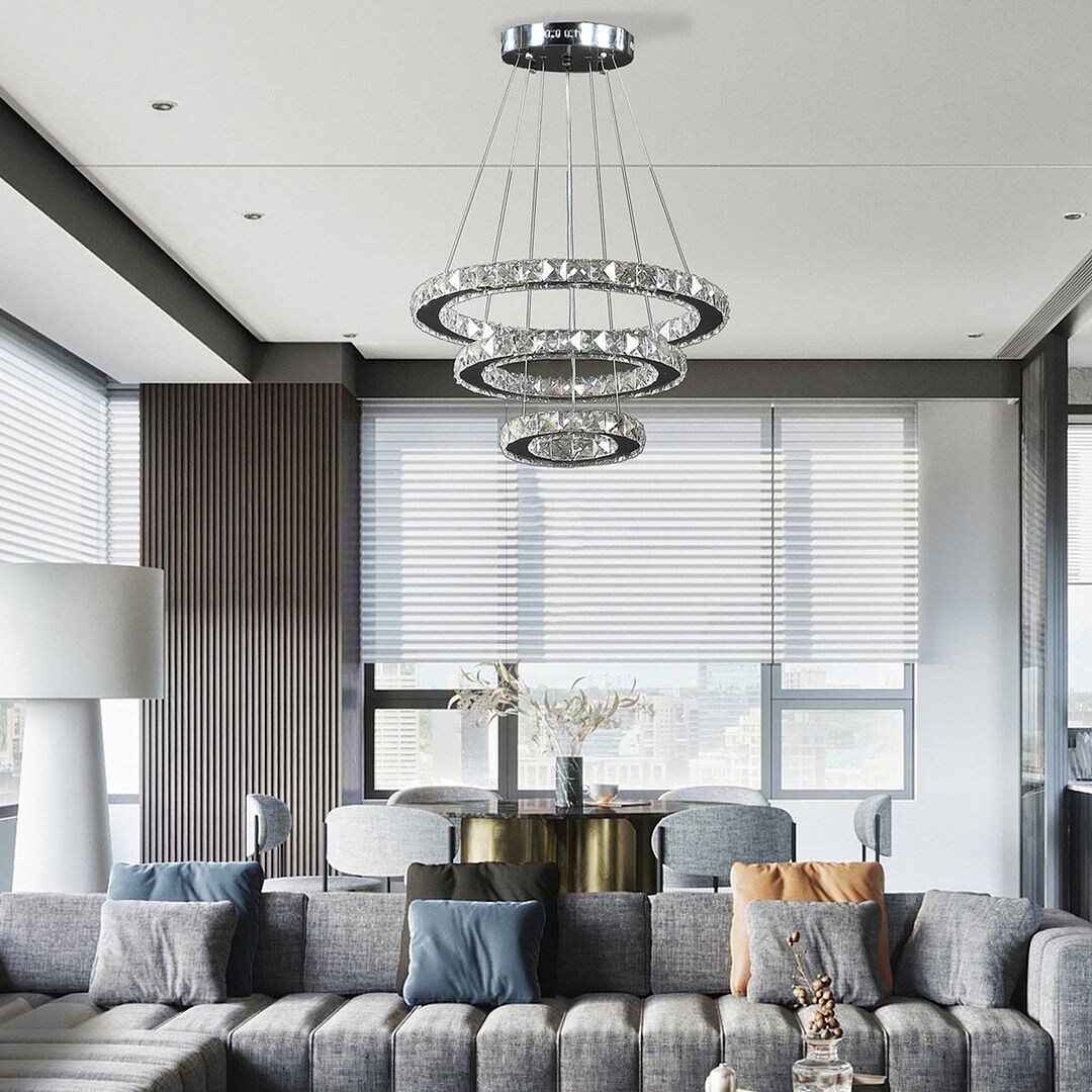 Modern Large Three Ring Crystal LED Chandelier with Remote Control Dimmer On Sale Bed Bath Beyond 39854387