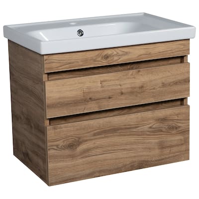 Modern Wall-Mounted Bathroom Vanity with Washbasin Niagara Teak Natural Non-Toxic MDF-24"-Simple 32"