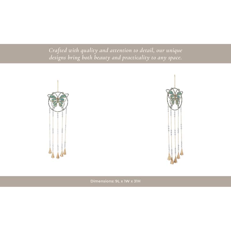 Metal Glass Wind Chime Butterfly Design with Bead Accents - 31" Blue - 9" x 1" x 31"