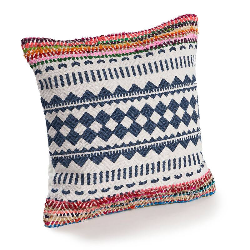 18" Navy Blue and White Globally Inspired Chindi Square Throw Pillow