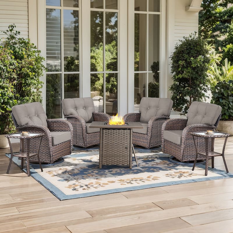 Pocassy Outdoor Swivel Chair Set Patio Funiture Chairs - 7 Pieces w/ Fire Table - Brown Wicker & Gray Cushion