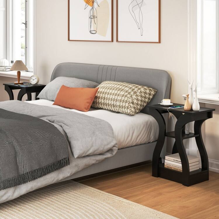 Set of 2 Engineered Wood 3-Tier Side Table with USB and Outlets - 19.5" x 12" x 24"