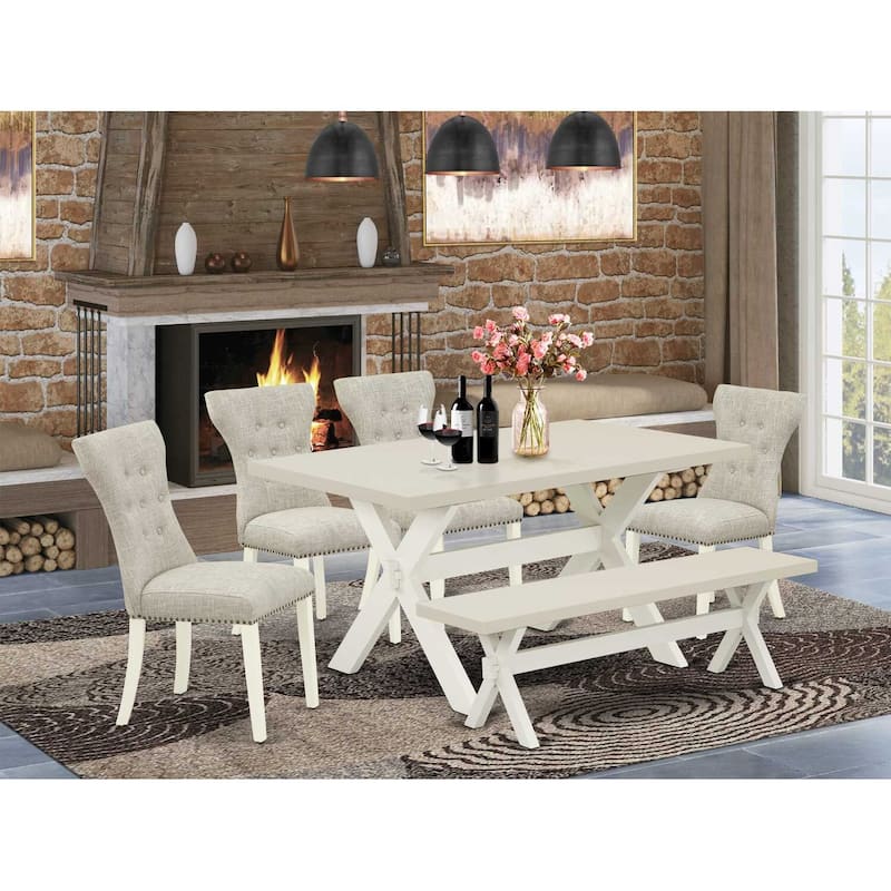 HomeStock 6-Pc Rectangle Natural Oak Finish Solid Wood Top Dining Table with 1-Bench, 4-Chairs