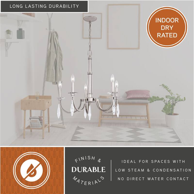 Hoyne 5 Light Crystal and Satin Nickel Candle Chandelier - 25-in W x 24.25-in H x 25-in D