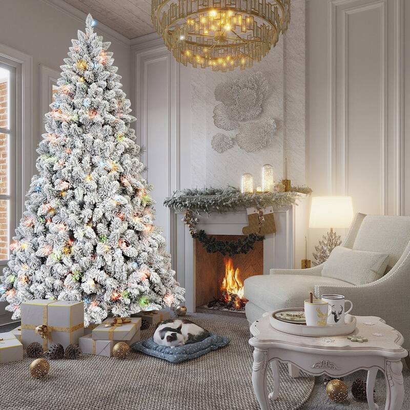 Pre-Lit Flocked Christmas Tree - Colorful UL Lights, Pine Cones, Snowy PVC Tips, Hinged Branches, Metal Stand - Green,White