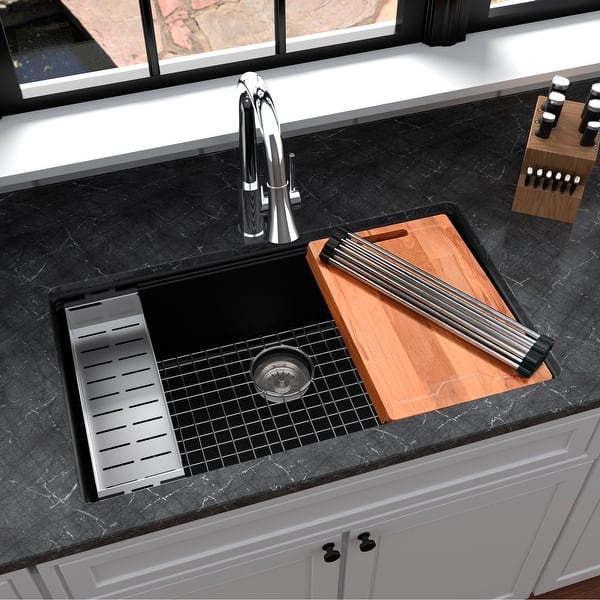 slide 2 of 49, Karran Undermount 32.5 in. Large Single Bowl Quartz Workstation Kitchen Sink Black