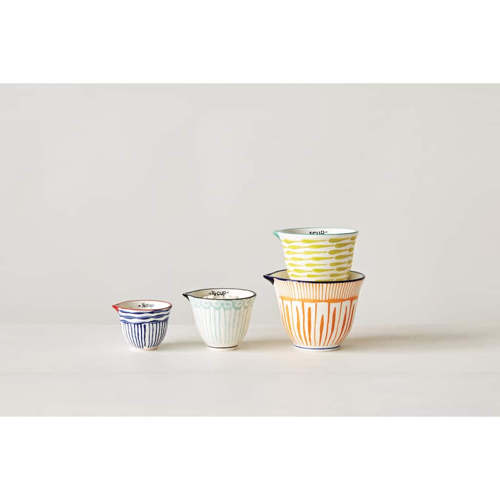 Hand Stamped Striped Stoneware Measuring Cups (Set of 4 Sizes/Designs)