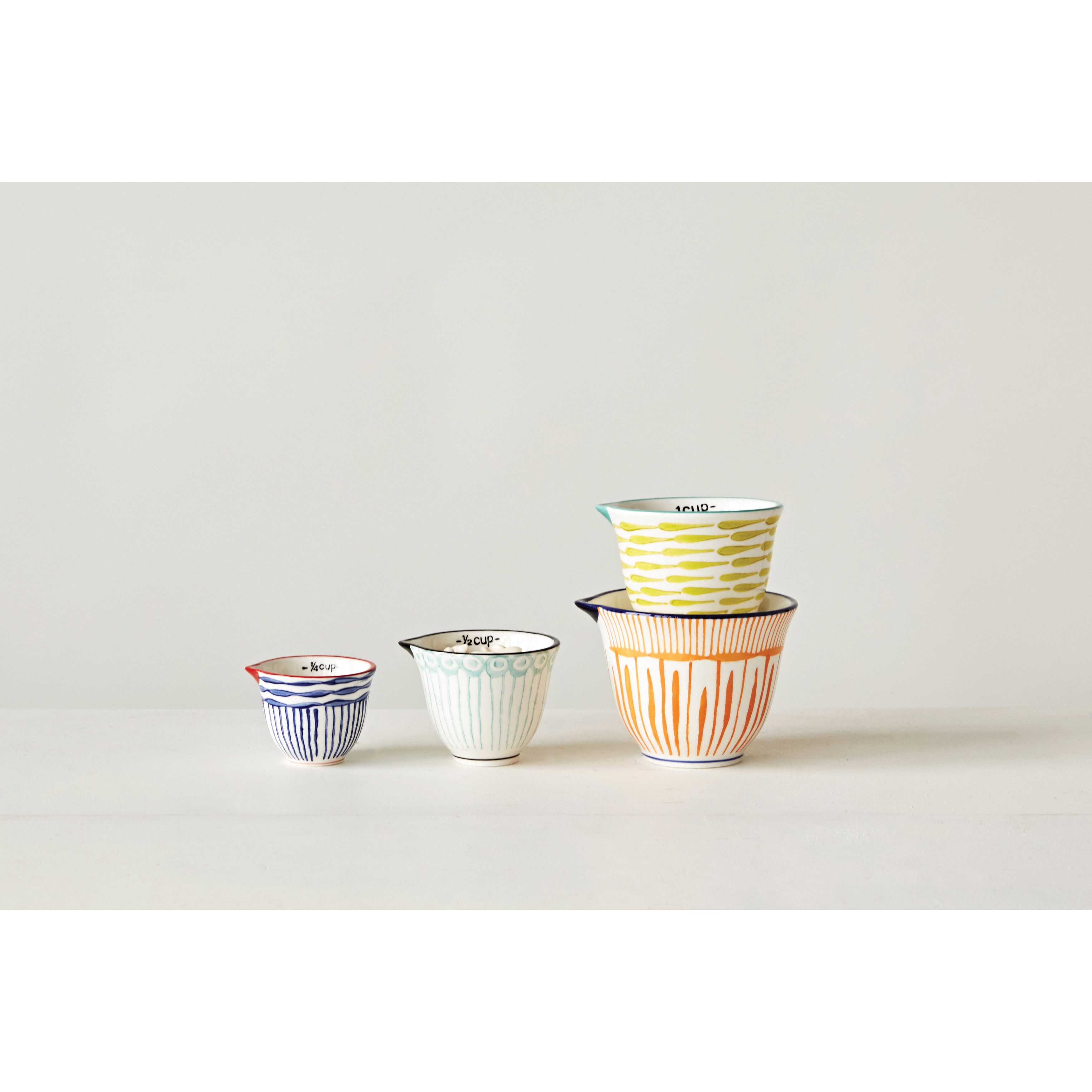 Hand Stamped Striped Stoneware Measuring Cups (Set of 4 Sizes/Designs)