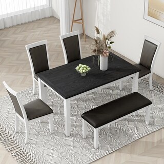 6-Piece Rustic Solid Wood Dining Table Set With PU Leather Upholstered ...