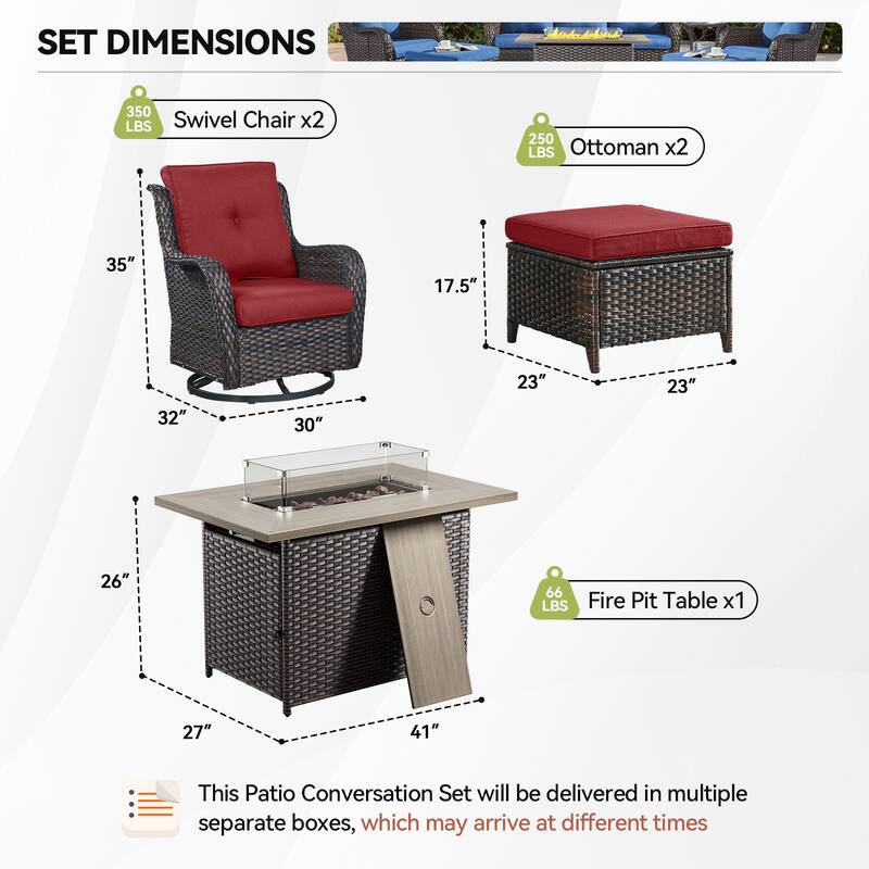 Fire Pit Table with Patio Glider Chairs Ottomans Brown-Red - Brown