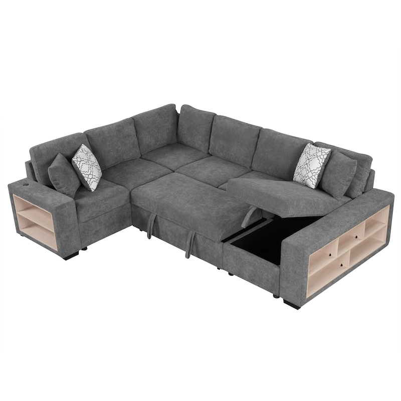 109" U-Shaped 6 Seater Convertible Sofa with Hidden Storage Chaise, Four Back Pillows, and Dual USB Ports