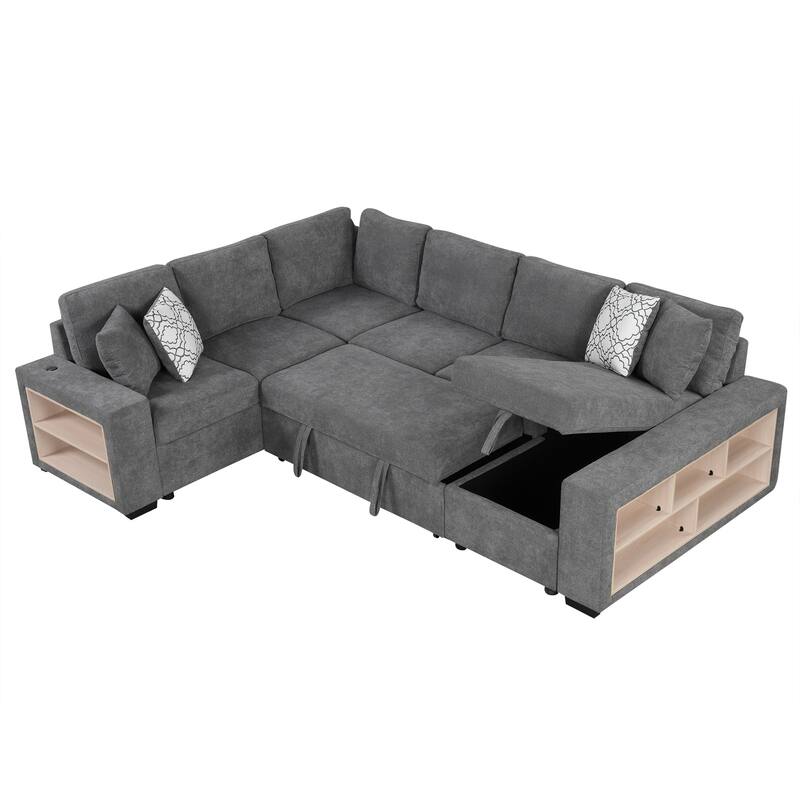 109" U-Shaped 6-Seater Sectional Sofa with Pull-Out Bed, Storage Chaise Lounge, 4 Back Pillows, and USB Charging Ports