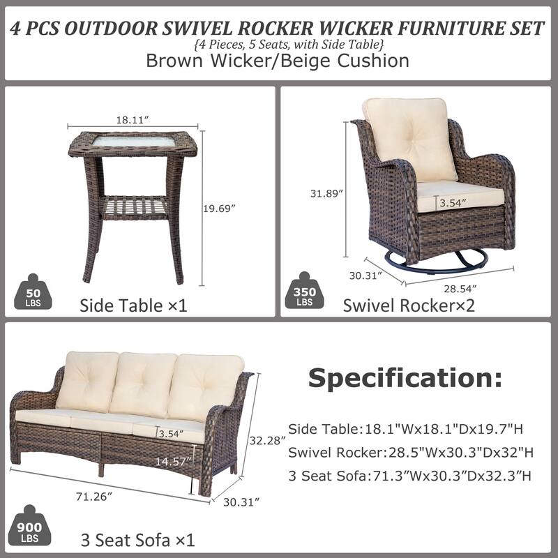 4 Piece Patio Furniture Seating Sofa Set with Swivel Chair and Cushion