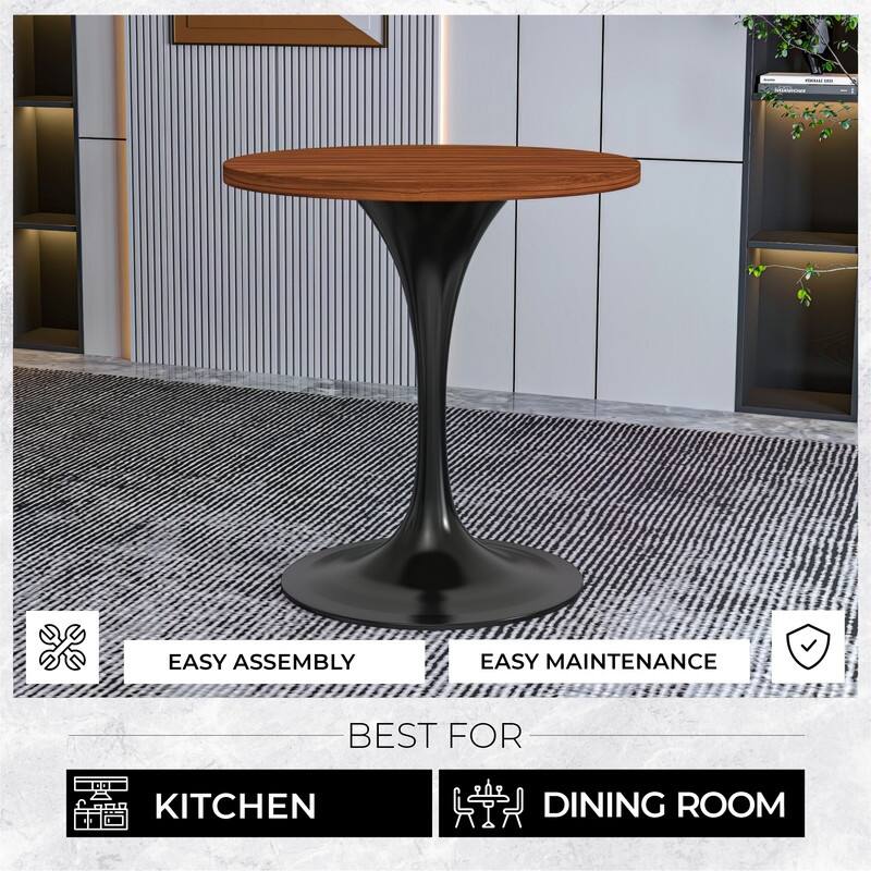 LeisureMod Verve 27" Round Dining Table with MDF Wood TableTop and Black Steel Base for Kitchen & Dining Room - 27.56"