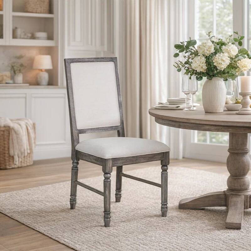 Linen Upholstered Wooden Side Chair with Turned Legs, Gray, Set of Two