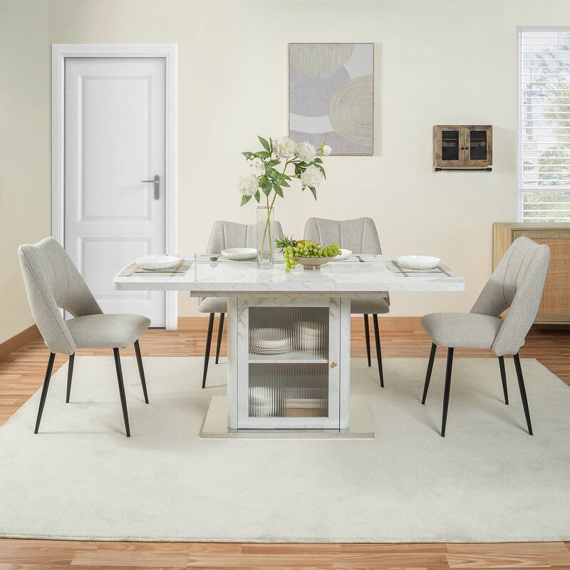 47.24"-63"Modern Rectangle Dining Table, Stretchable, with Printed Black Marble Table Top+Storage Cabinet Table Leg