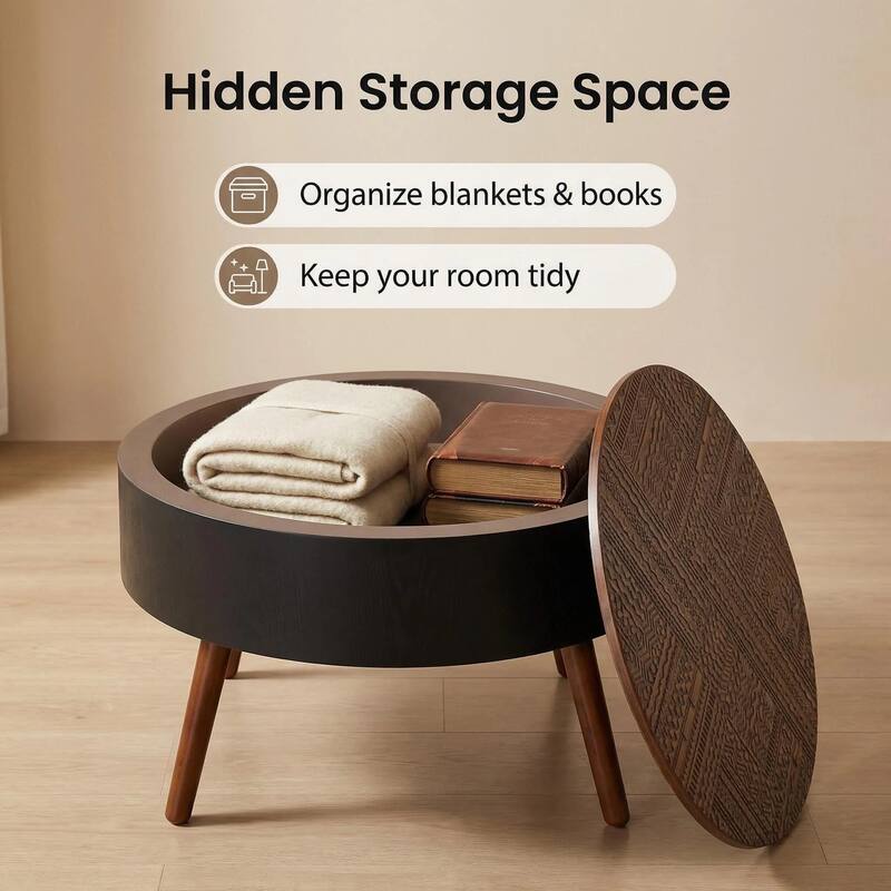 GDFStudio Veyrion Carved Round Coffee Table with Storage and Mid-Century Modern Design