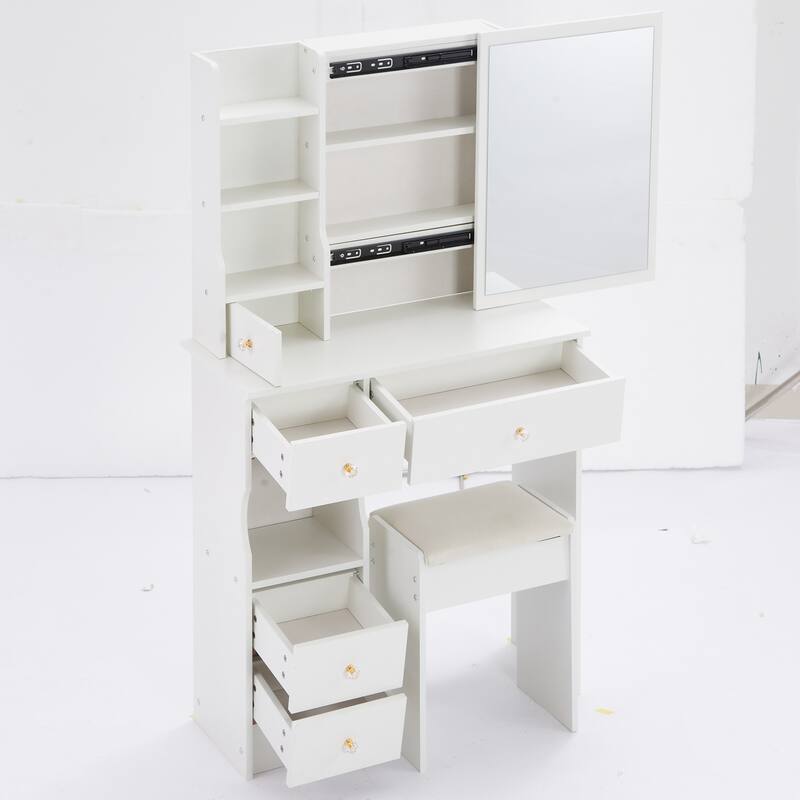 29.2" Small Space Left Drawer Desktop Vanity Table + Cushioned Stool, Extra Large Right sliding mirror