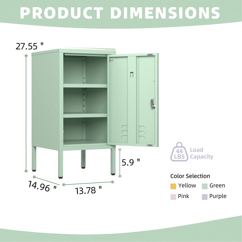 Single Door Lockable Metal End Table,Modern Minimalist Room Side Table with 2 Adjustable Shelf,Multi Storage Cabinet - green