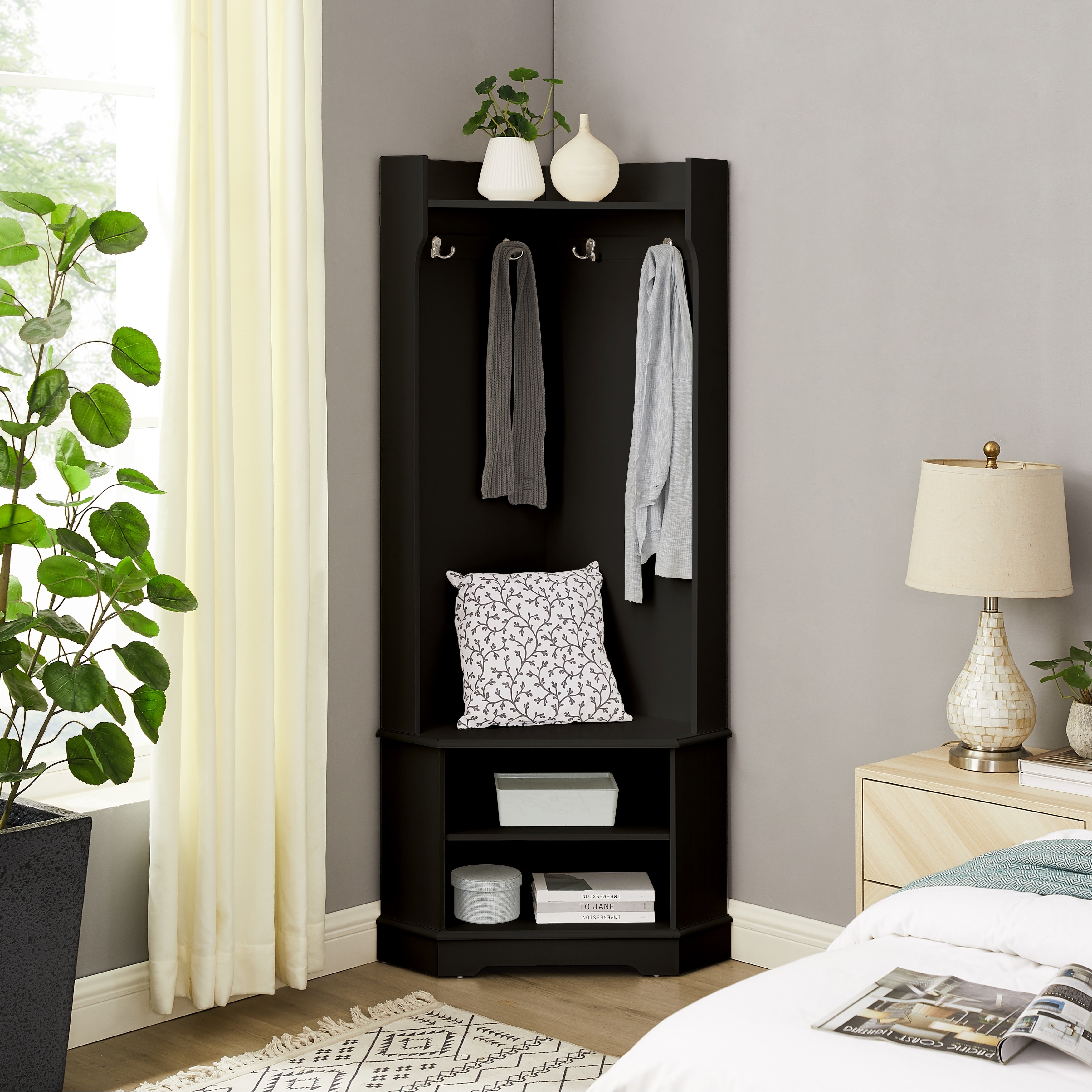Corner Entryway Hall Tree with Storage Shelves and Coat Racks 4