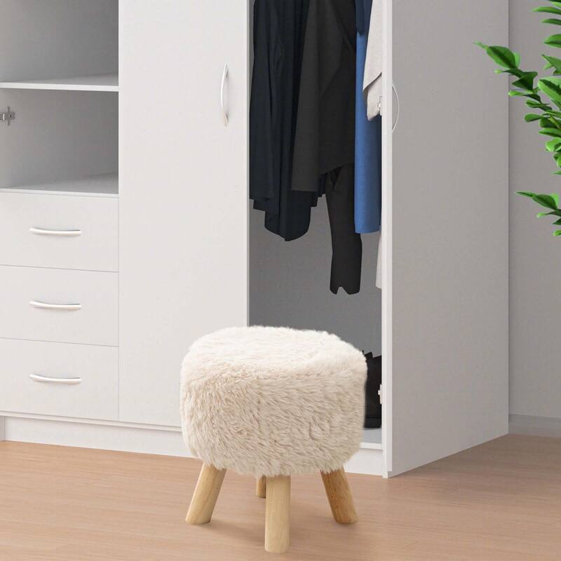 Costway Round Footstool Ottoman Faux Fur Upholstered Footrest with