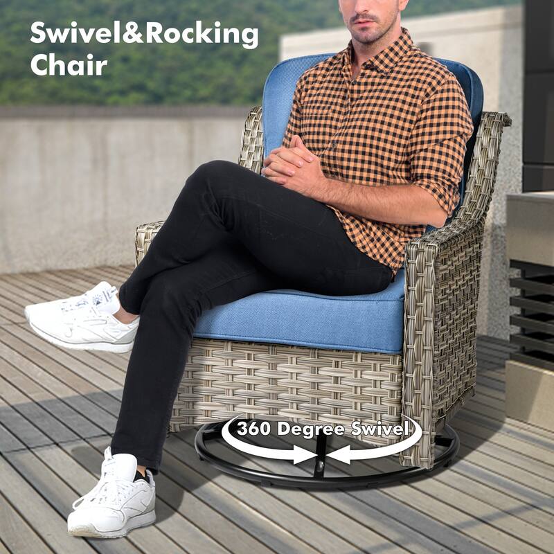 OVIOS 5 Pieces Outdoor Wicker Swivel Chair Set With Solar-Powered Table