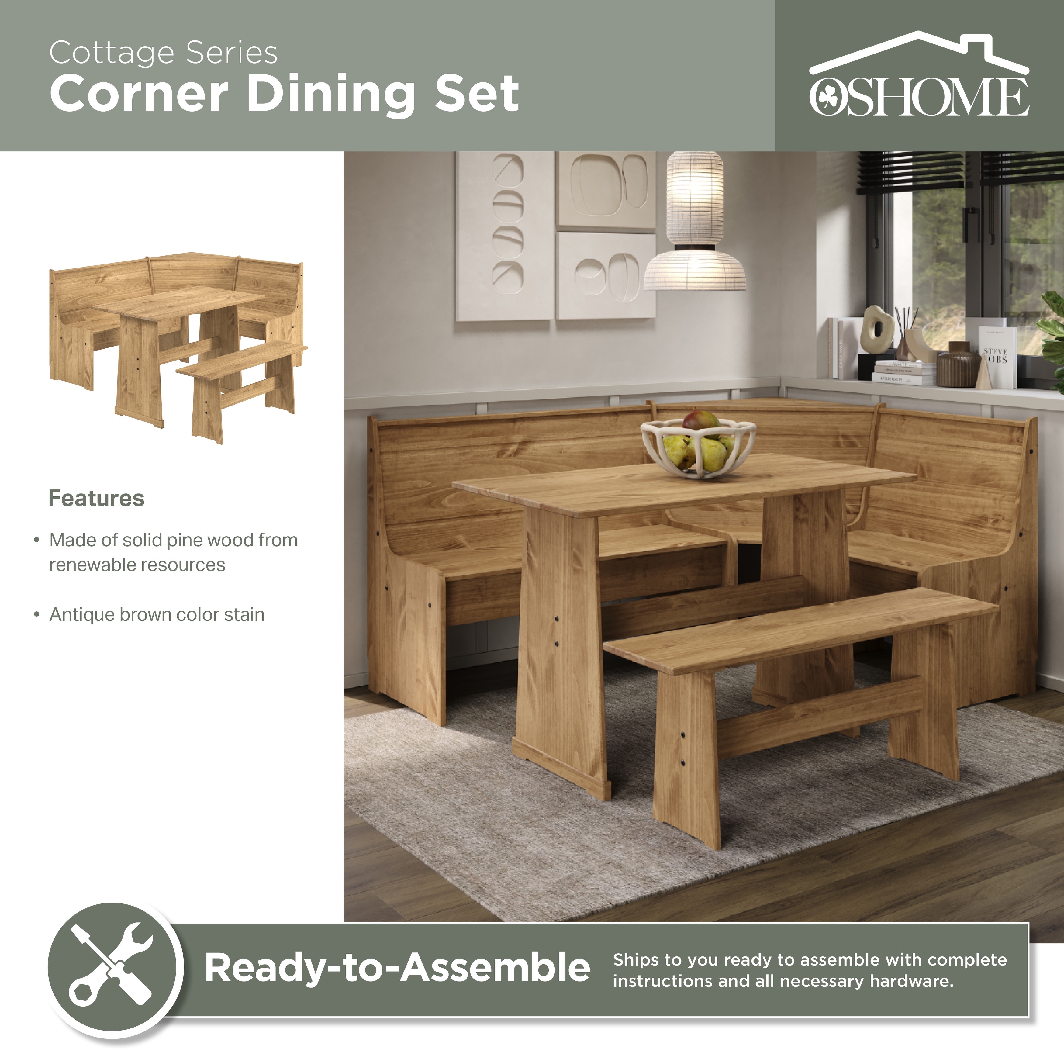 OSHOME Pine Configurable Corner Dining Booth, Corona Brown - Bed