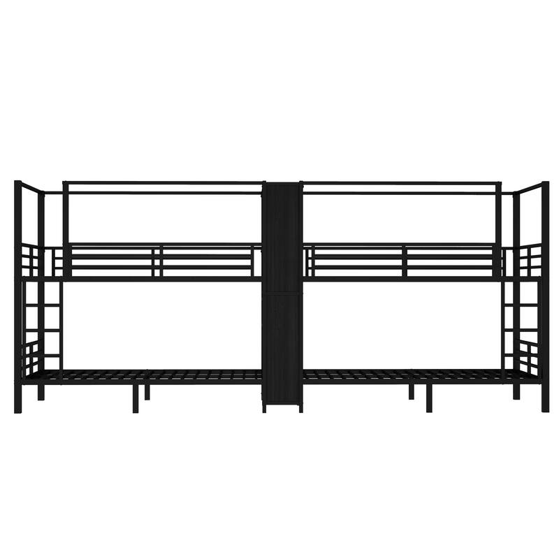 Quadruple Metal Bunk Bed with Built-in Storage Shelves & Wardrobe, Sturdy Black Frame