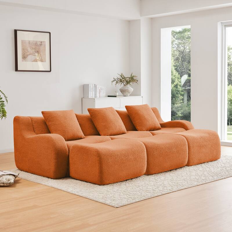 Teddy Fabric Anti-Slip Design Boneless Sofa - Orange(3 Seat+3 Ottoman)