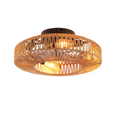 20" Rope Caged Ceiling Fans with Remote, Flush Mount Ceiling Fan with Light, Low Profile Chandelier 6 Speed DC Motor