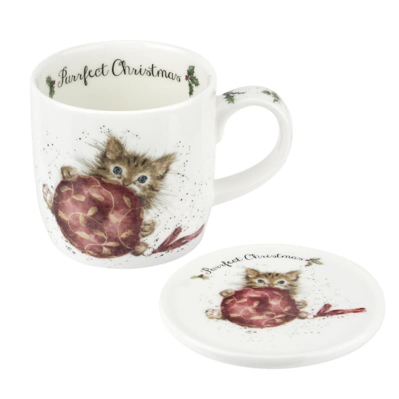 Royal Worcester Wrendale Designs Mug and Coaster Set Christmas - Purrfect Christmas (Kitten)